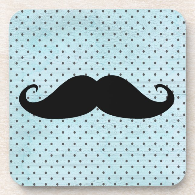 Funny Black Mustache On Teal Blue Polka Dots Coaster (Front)