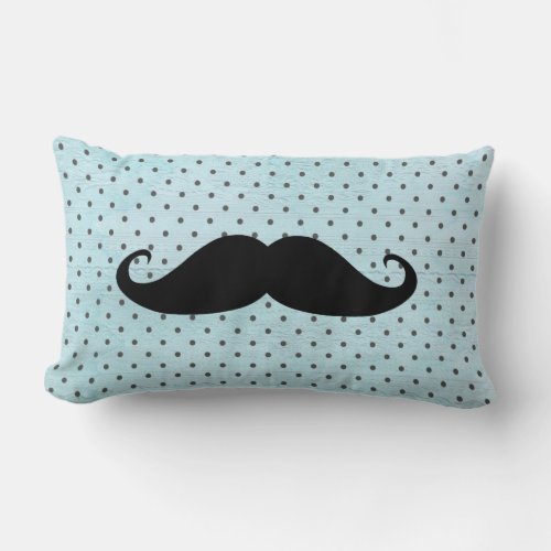 Funny Black Mustache On Teal Blue Polka Dots Lumbar Pillow