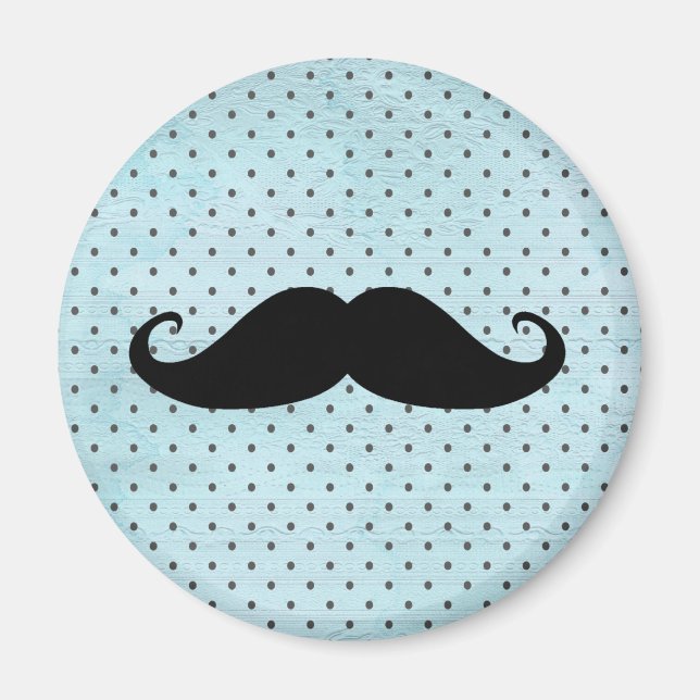 Funny Black Mustache On Teal Blue Polka Dots Magnet (Front)