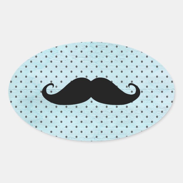 Funny Black Mustache On Teal Blue Polka Dots Oval Sticker (Front)