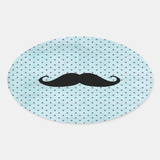 Funny Black Mustache On Teal Blue Polka Dots Oval Sticker