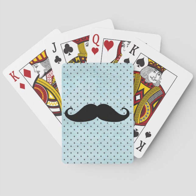 Funny Black Mustache On Teal Blue Polka Dots Poker Cards (Back)
