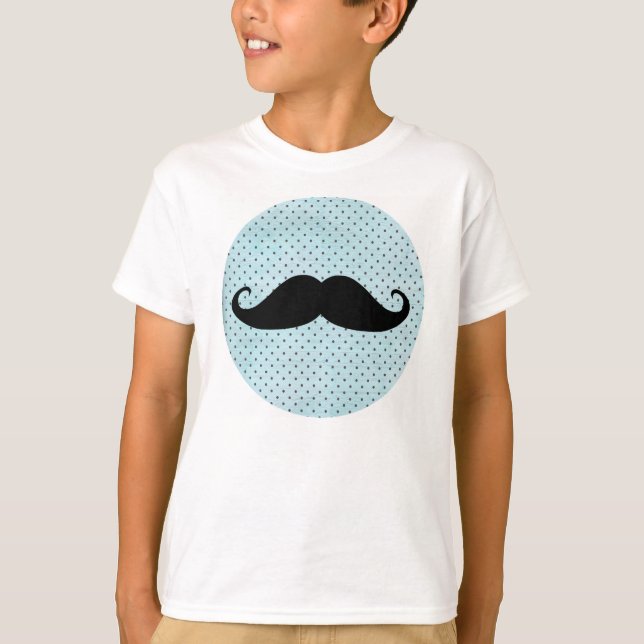 Funny Black Mustache On Teal Blue Polka Dots T-Shirt (Front)