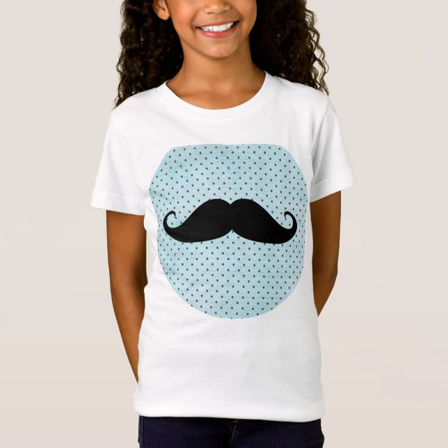 Funny Black Mustache On Teal Blue Polka Dots T-Shirt (Front)