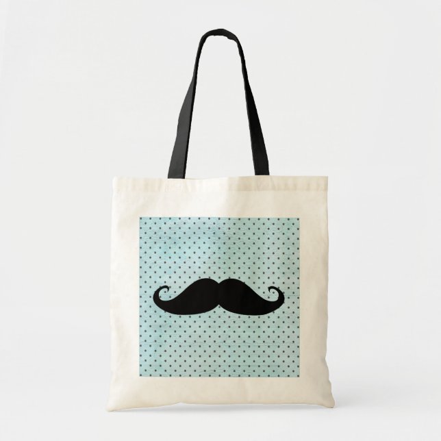 Funny Black Mustache On Teal Blue Polka Dots Tote Bag (Front)
