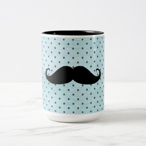 Funny Black Mustache On Teal Blue Polka Dots Two_Tone Coffee Mug