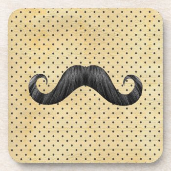 Funny Black Mustache On Vintage Yellow Polka Dots Beverage Coaster by mustache_designs at Zazzle