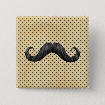 Funny Black Mustache On Vintage Yellow Polka Dots Button by mustache_designs at Zazzle