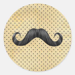 Funny Black Mustache On Vintage Yellow Polka Dots Classic Round Sticker
