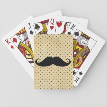 Funny Black Mustache On Vintage Yellow Polka Dots Playing Cards by mustache_designs at Zazzle