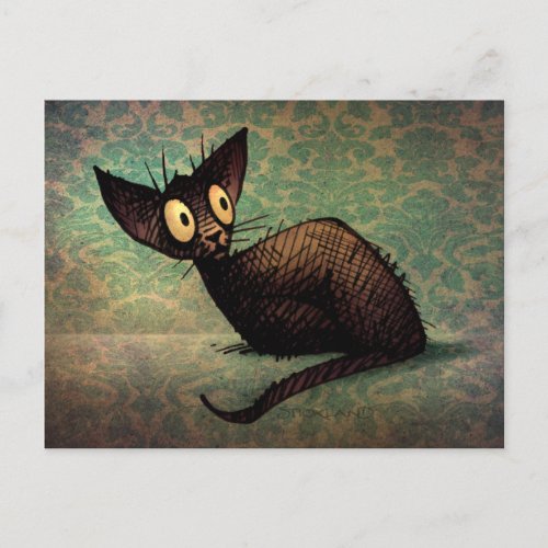 Funny Black Oriental Cat Damask Kitten Art Postcard