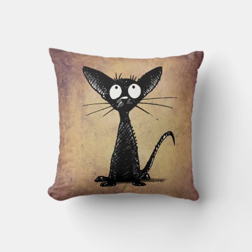 Funny Black Oriental Shorthair Cat on Vintage Tan Throw Pillow