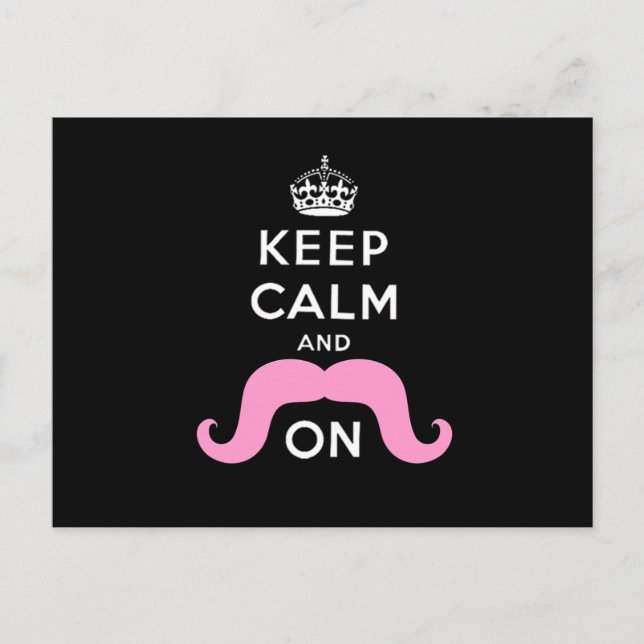 Funny Black, Pink Keep Calm and Mustache On Postcard (Front)