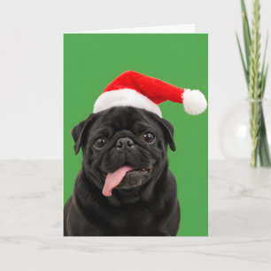 Funny Black Pug Santa Hat Tongue Out Christmas Holiday Card