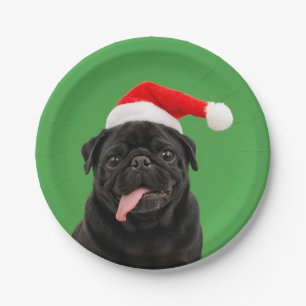 Funny Black Pug Santa Hat Tongue Out Christmas Paper Plates