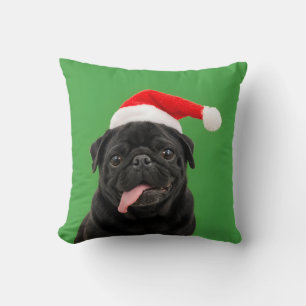 Funny Black Pug Santa Hat Tongue Out Christmas Throw Pillow