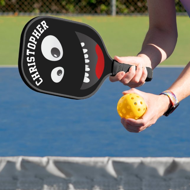 Funny Black Scary Face Novelty Personalized Name Pickleball Paddle (Insitu)