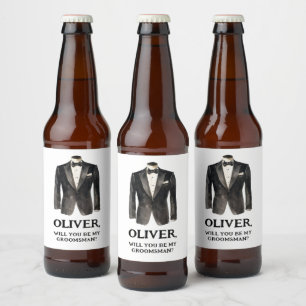 Funny Black Suit Will You Be My Groomsman Proposal Beer Bottle Label