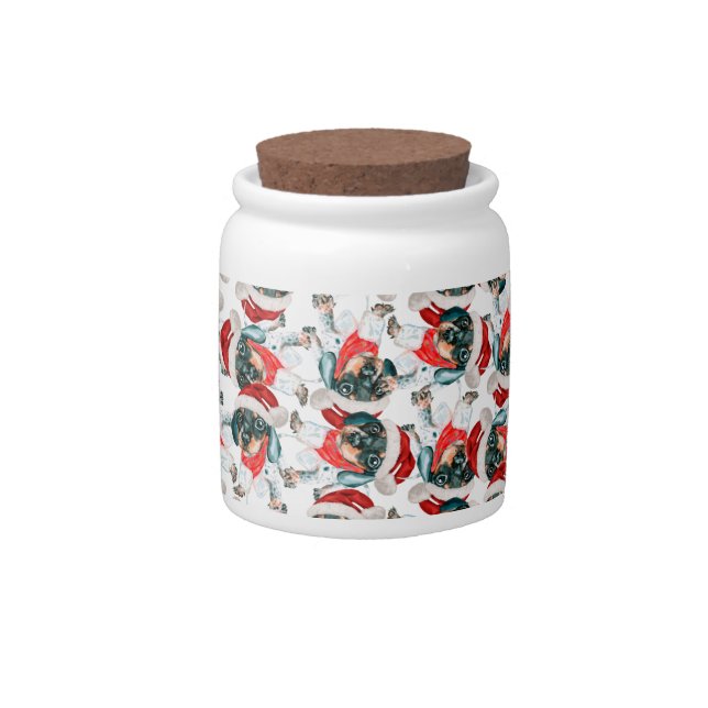 Funny Black Tan Dachshund Puppy Christmas Pattern Candy Jar (Front)