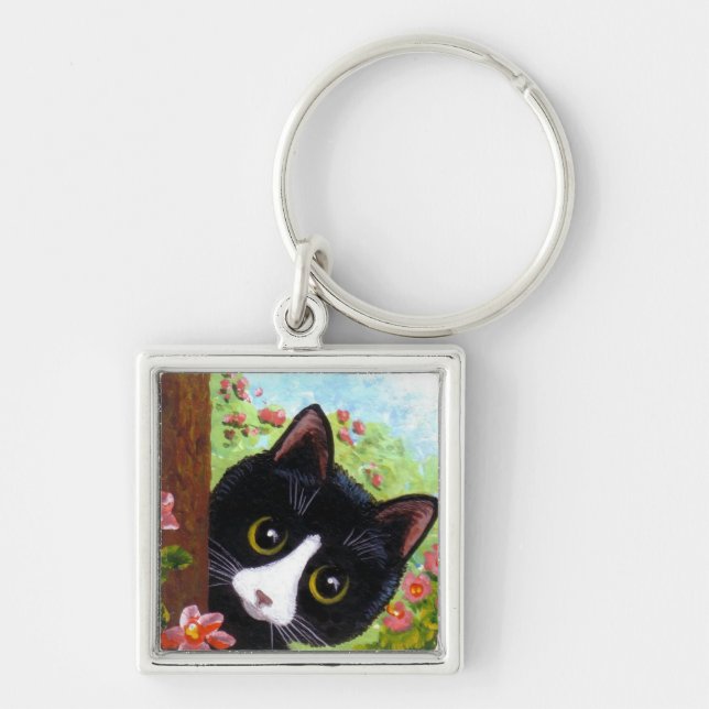 Funny Black Tuxedo Cat Creationarts Keychain (Front)