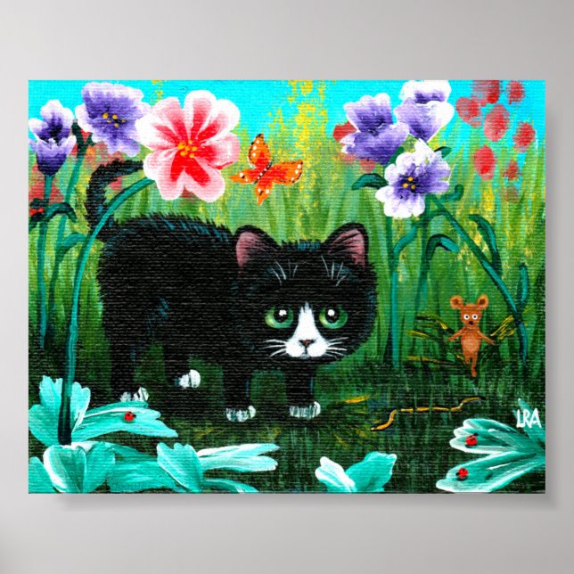Funny Black Tuxedo Cat Mouse Art Creationarts Poster (Front)