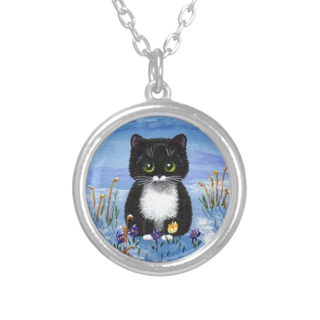 Funny Black Tuxedo Cat Winter Snow Creationarts Silver Plated Necklace (Front)