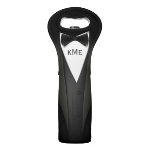 Funny Black Tuxedo Suit - Custom Monogram Text Wine Bag