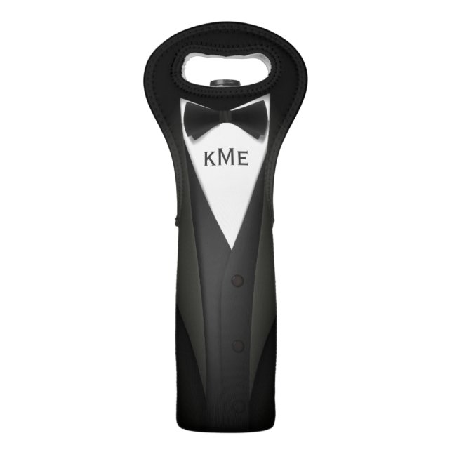 Funny Black Tuxedo Suit - Custom Monogram Text Wine Bag (Front)