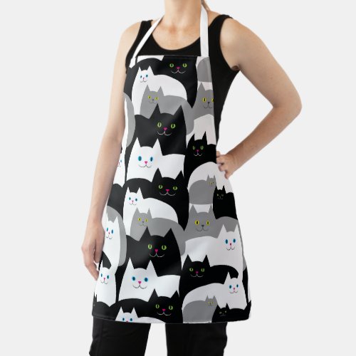 Funny Black White and Gray Smiling Cats Pattern Apron