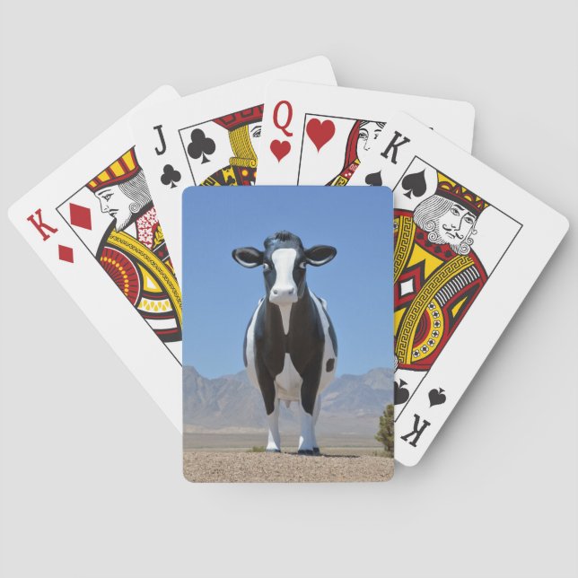 Funny Black White Dairy Cow Statue Desert Farm Poker Cards (Back)