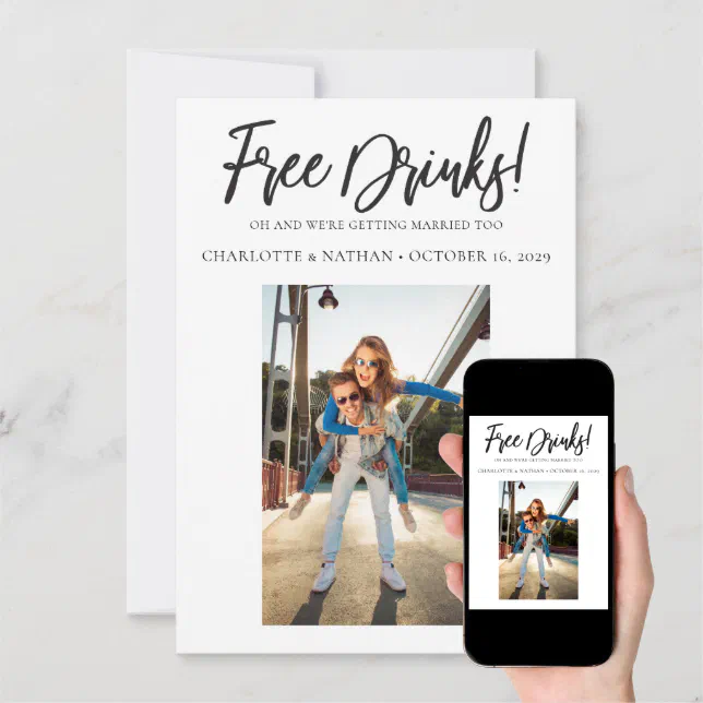 Funny Black & White Free Drinks Save the Date Card Zazzle