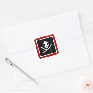 Funny Black White Jolly Kitty Pirate Skull Bone Square Sticker