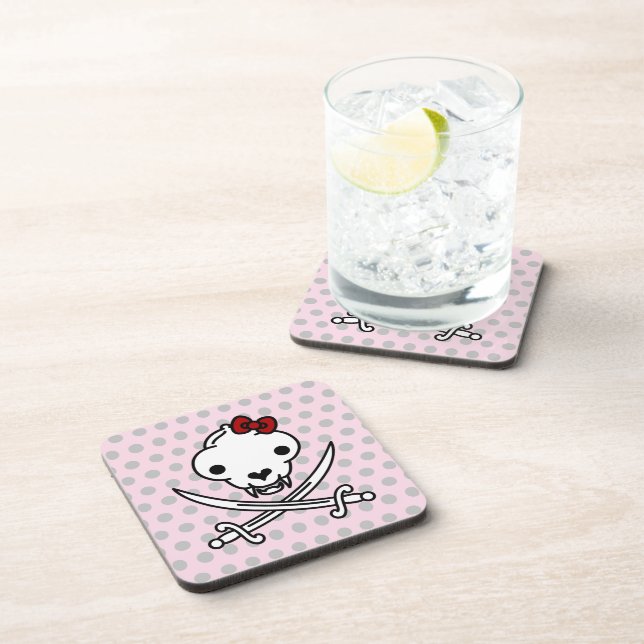 Funny Black White Jolly Kitty Pirate Skull Bones Beverage Coaster (Right Side)