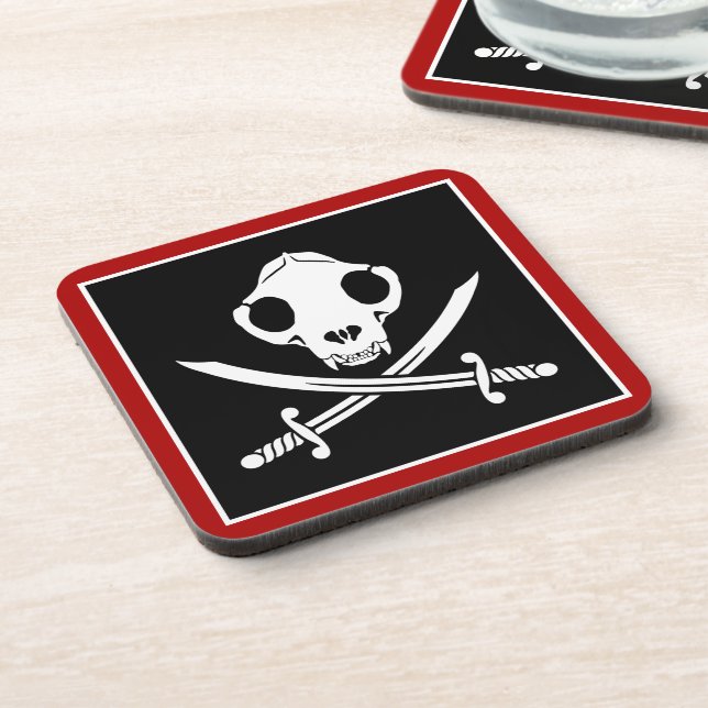 Funny Black White Jolly Kitty Pirate Skull Bones Beverage Coaster (Left Side)