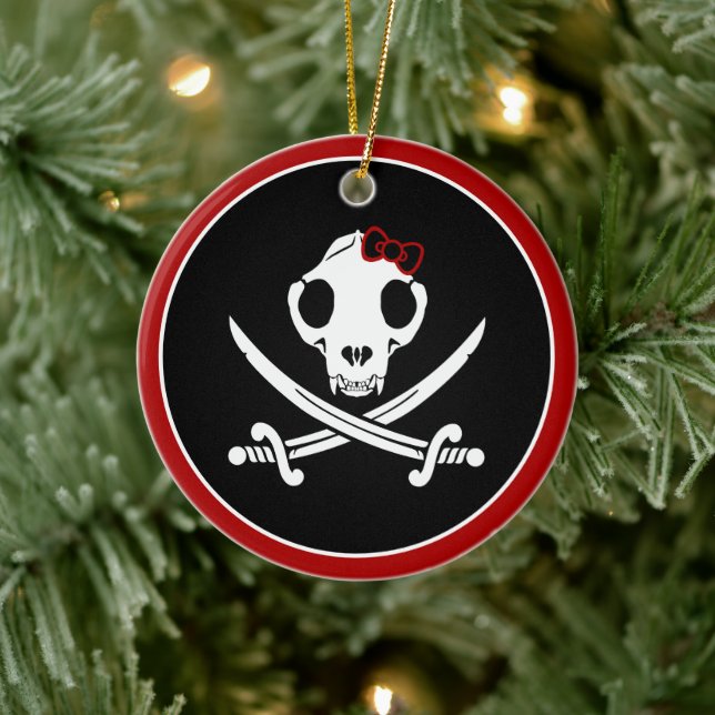 Funny Black White Jolly Kitty Pirate Skull Bones Ceramic Ornament (Tree)