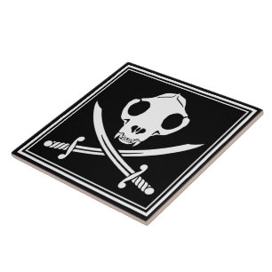 Funny Black White Jolly Kitty Pirate Skull Bones Ceramic Tile
