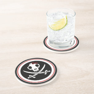 Funny Black White Jolly Kitty Pirate Skull Bones Coaster