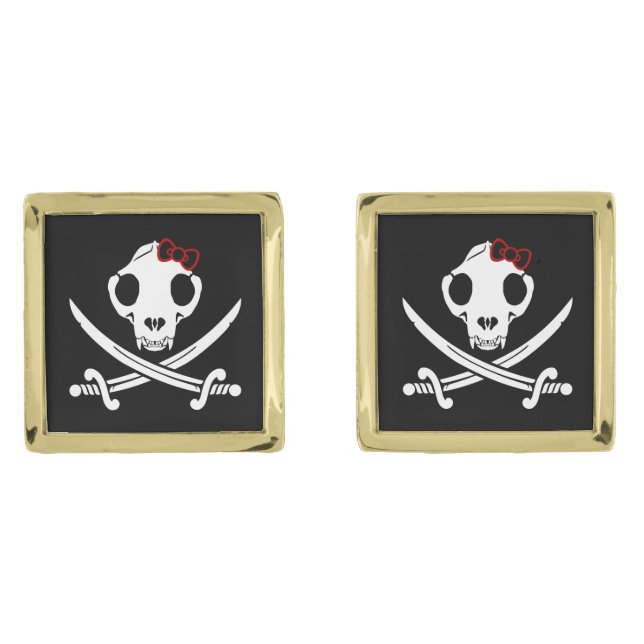 Funny Black White Jolly Kitty Pirate Skull Bones Cufflinks (Front)