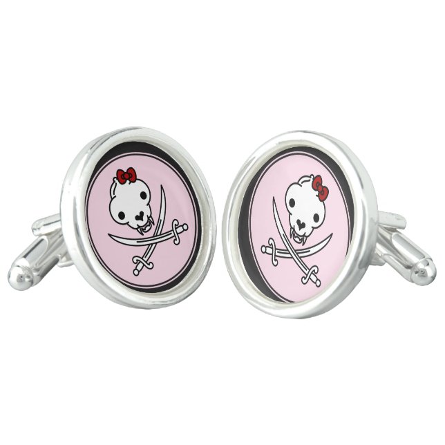 Funny Black White Jolly Kitty Pirate Skull Bones Cufflinks (Angled)