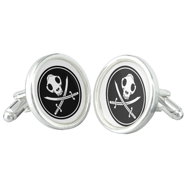 Funny Black White Jolly Kitty Pirate Skull Bones Cufflinks (Angled)
