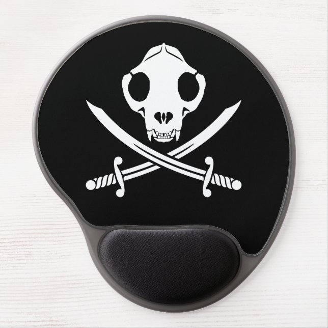 Funny Black White Jolly Kitty Pirate Skull Bones Gel Mouse Pad (Front)