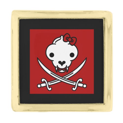 Funny Black White Jolly Kitty Pirate Skull Bones Gold Finish Lapel Pin