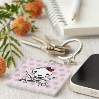 Funny Black White Jolly Kitty Pirate Skull Bones Keychain