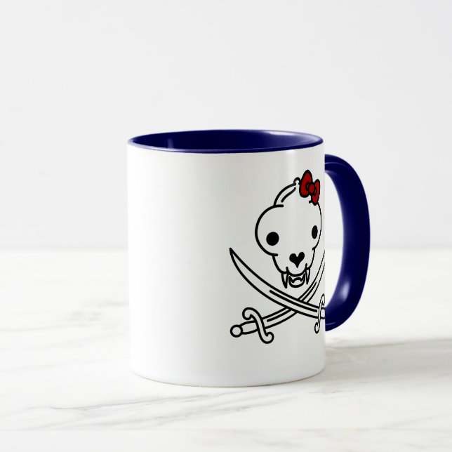 Funny Black White Jolly Kitty Pirate Skull Bones Mug (Front Right)