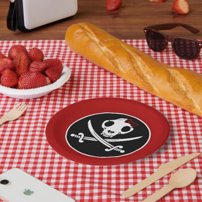 Funny Black White Jolly Kitty Pirate Skull Bones Paper Plates (Picnic)