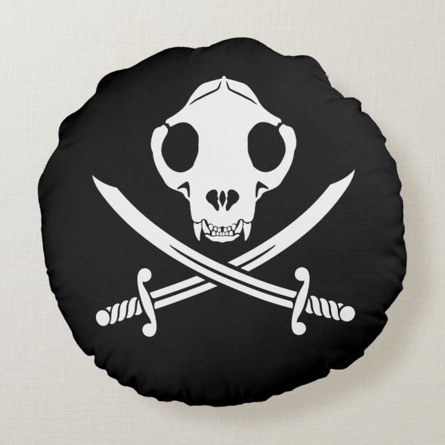 Funny Black White Jolly Kitty Pirate Skull Bones Round Pillow (Back)