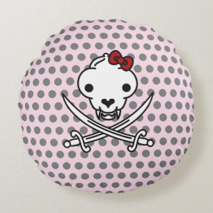 Funny Black White Jolly Kitty Pirate Skull Bones Round Pillow