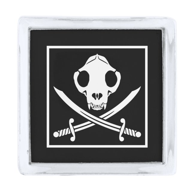 Funny Black White Jolly Kitty Pirate Skull Bones Silver Finish Lapel Pin (Front)