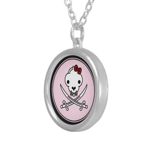 Funny Black White Jolly Kitty Pirate Skull Bones Silver Plated Necklace (Front Right)