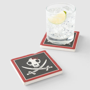 Funny Black White Jolly Kitty Pirate Skull Bones Stone Coaster